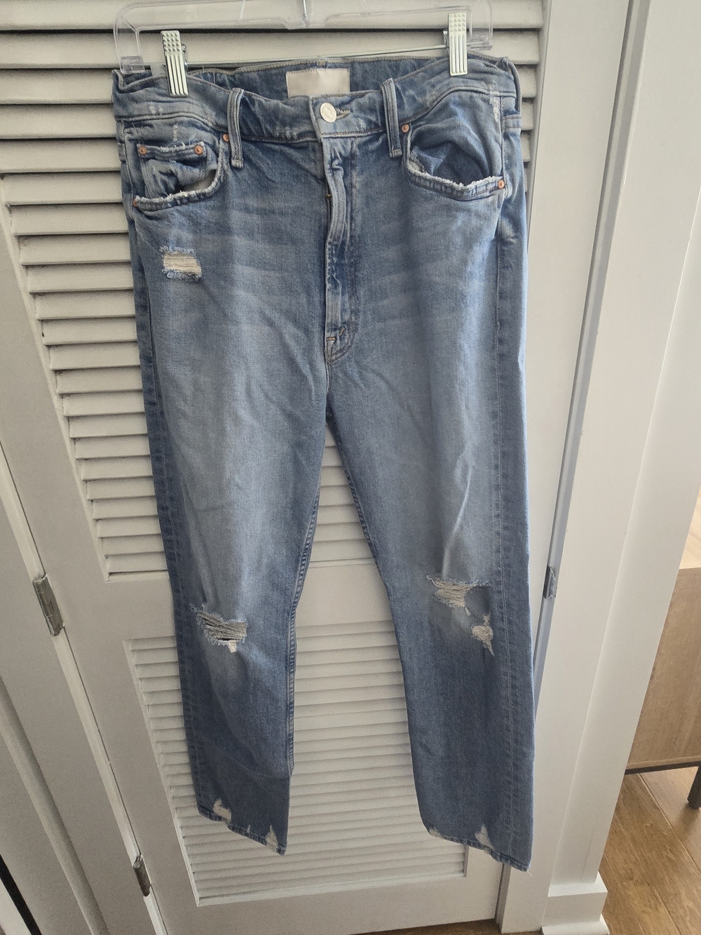 MOTHER Light Blue Distressed Straight-Leg Jeans